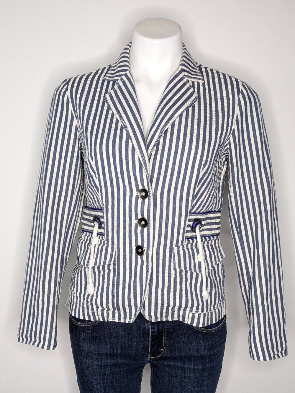 Coldwater Creek Blue White Striped Nautical Beach Yacht Cotton Jacket 6P